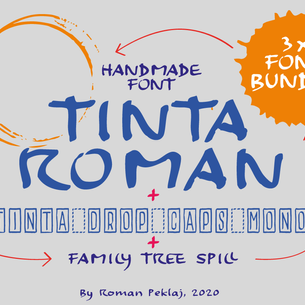 TintaRoman, handwritten font bundle with font, drop caps and icons