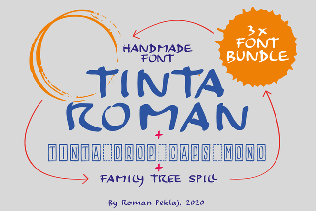 TintaRoman, handwritten font bundle with font, drop caps and icons